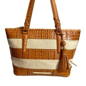 Brahmin Asher Leather Alligator Raffia Shoulder Hand Bag Purse brown